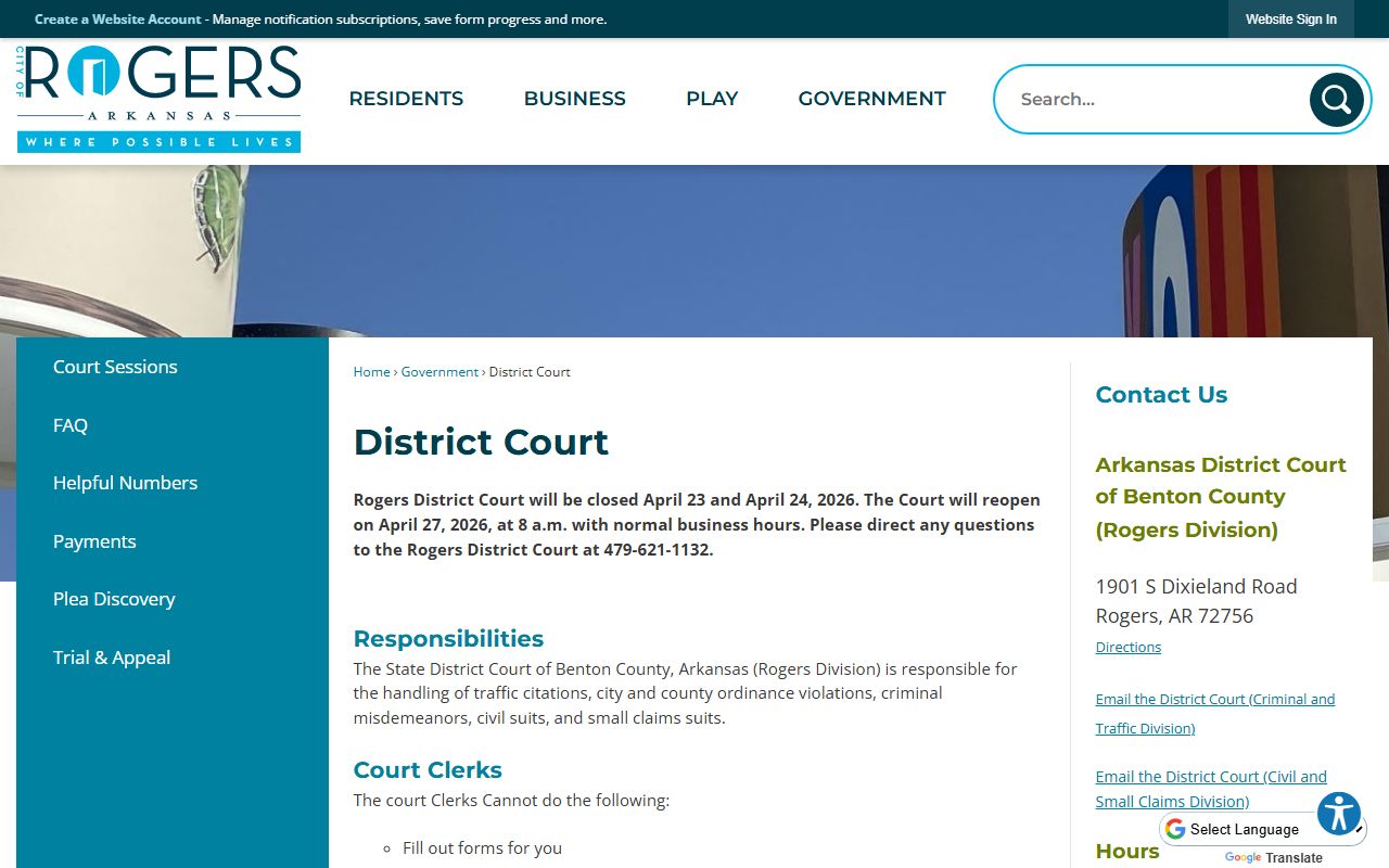 Rogers District Court Benton County for traffic ticket records and citations in Rogers Arkansas