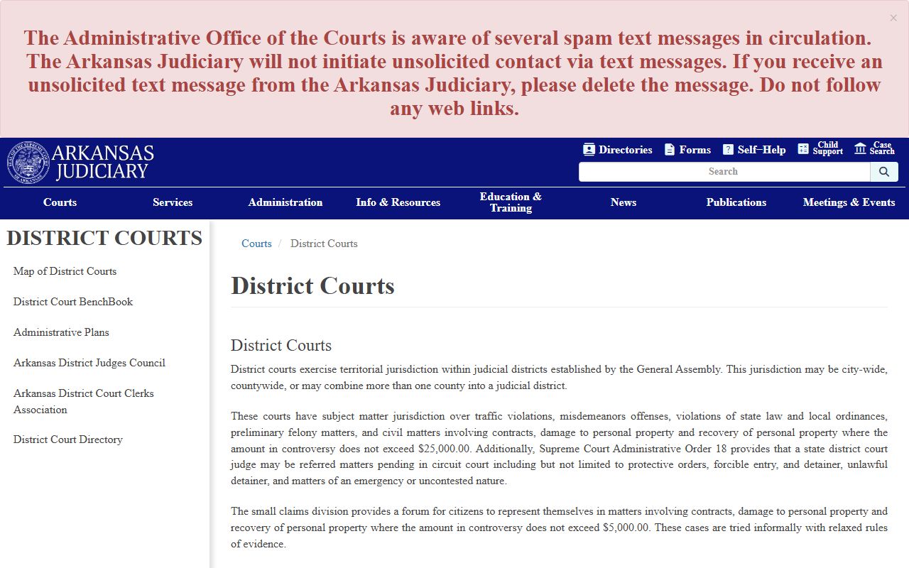 Arkansas District Courts page showing traffic ticket jurisdiction and court locations