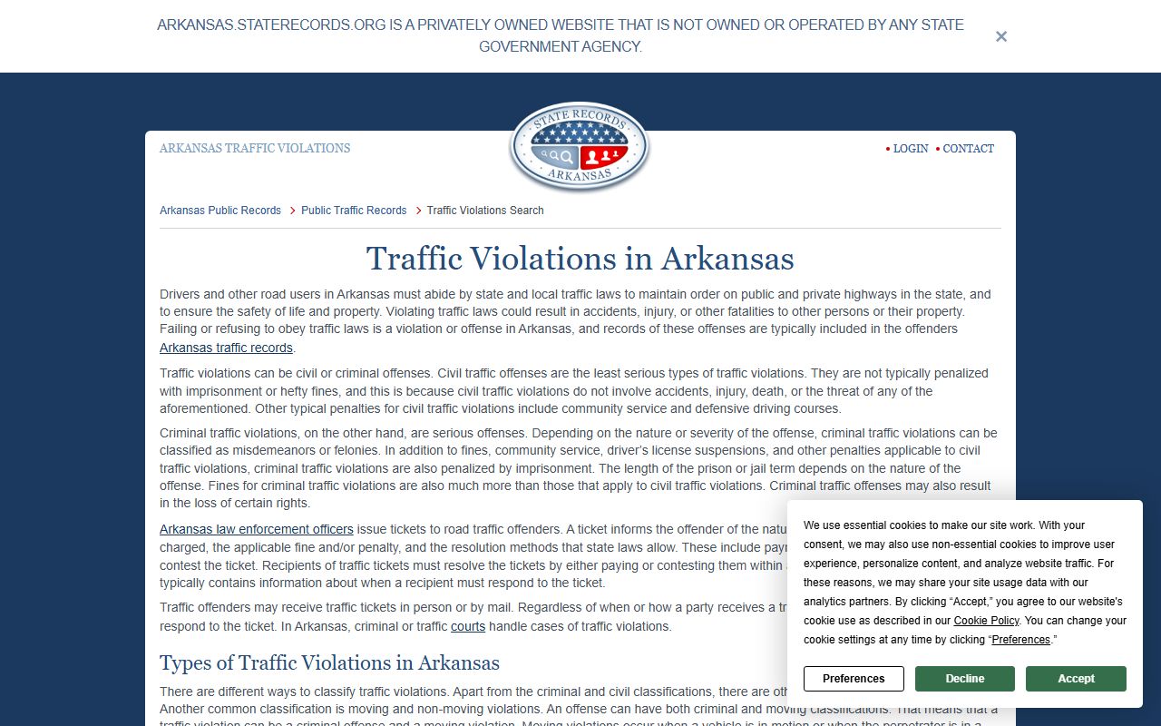 Arkansas traffic violations information covering civil and criminal traffic offenses